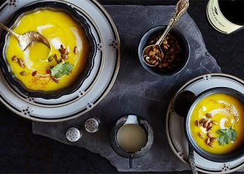 Moroccan Spiced Butternut Squash And Parsnip Soup With Harissa Pepitas