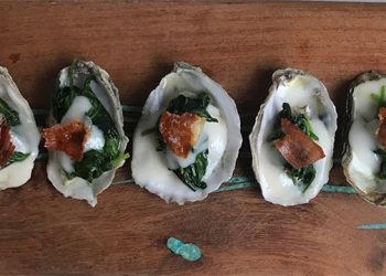 Valentine’s Day Starter: Baked Montauk Oysters with “Cheesy” Cauliflower Puree, Satur Farm Spinach, Crispy Speck