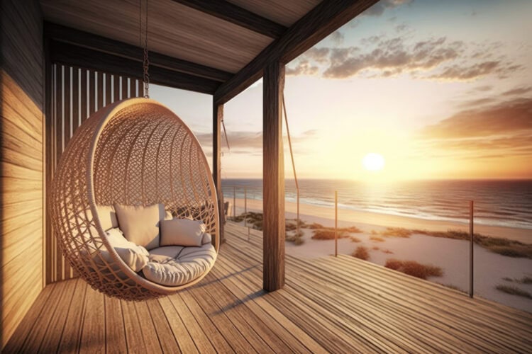 luxury house veranda with hanging swing and beach view. generative ai